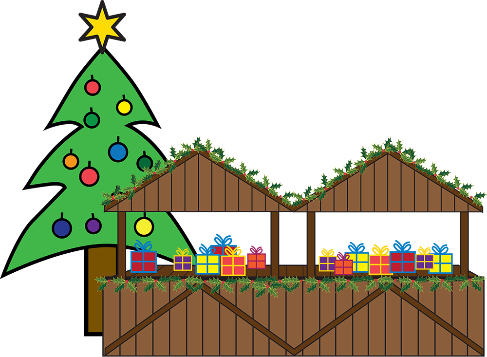 Adventsmarkt zwei Weihnachtsmarktstände mit Geschenken und einer geschmückten Tanne im Hintergrund