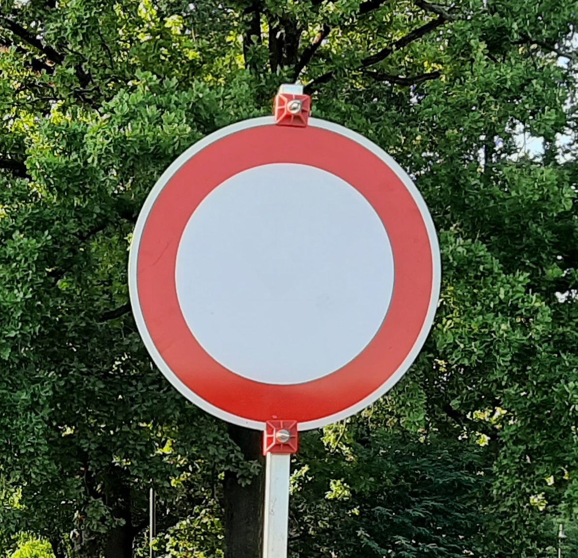 rundes Verkehrszeichen, innen weiß mit rotem Rand außen, vor grünen Bäumen